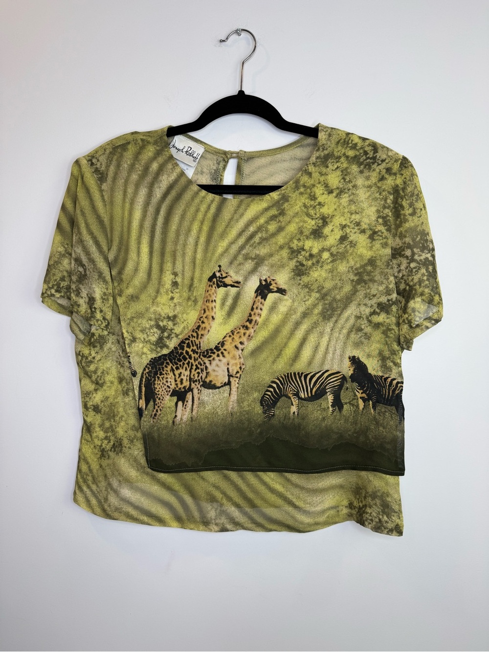 Vtg Joseph Ribkoff overlay safari animal chiffon boxy top size 12